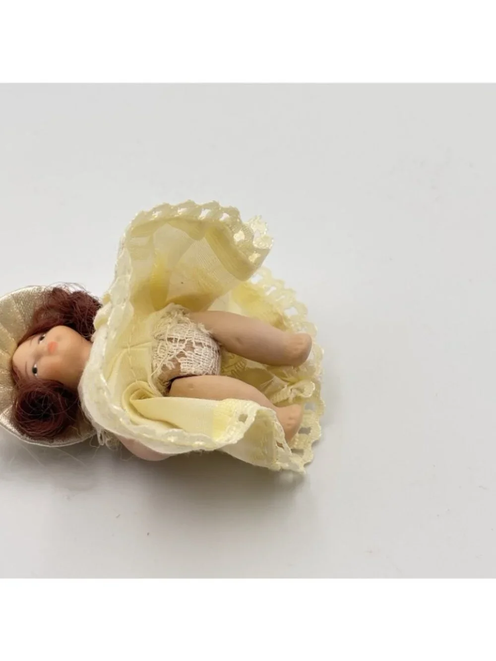 Miniature Porcelain Victorian Doll Christmas Ornament Cream Dress Beaded Hat 2”
